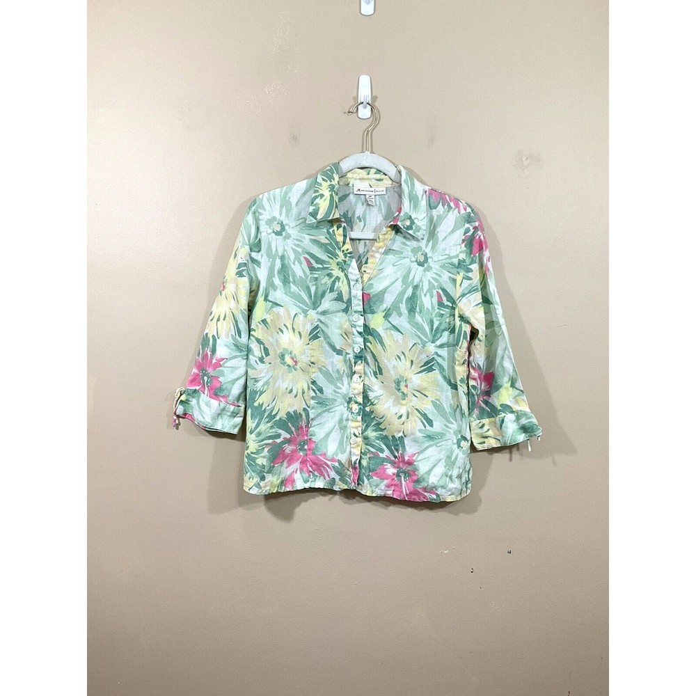 JM Collection Womens Floral Button Up Shirt 10P Cottage Coastal Preppy Beach Bow